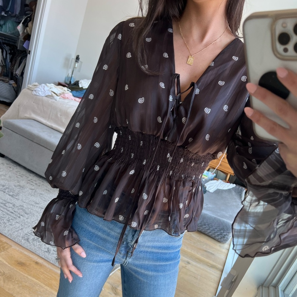 Brown lace up puff sleeve blouse size M